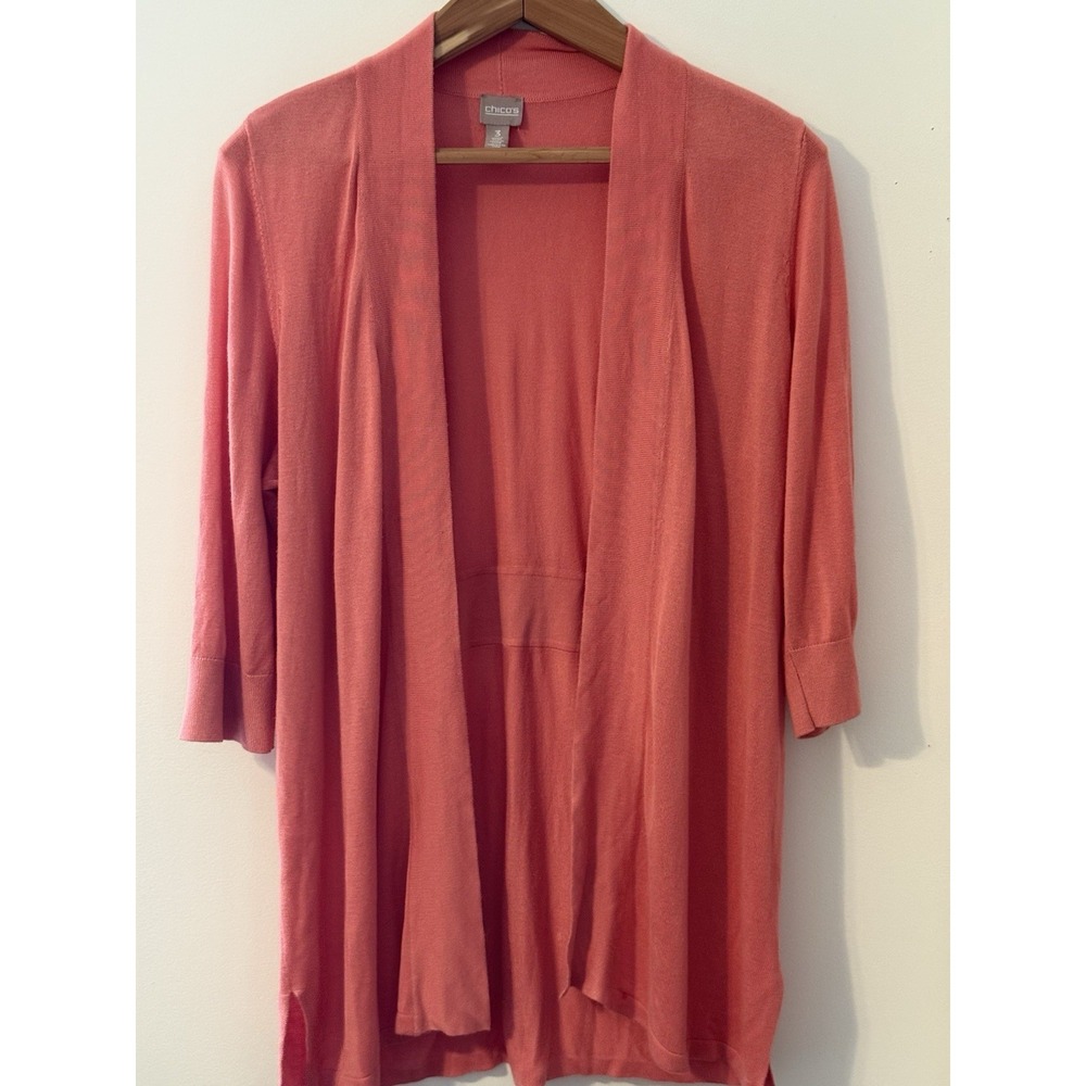 Chico's Coral Knit Cardigan 3 Open Front 3/4 Sleeve Classic Spring Casual